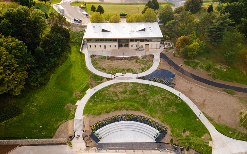 The plaza outside French Hall has been dramatically reconstructed to feature an amphitheater and more accessible walkways.