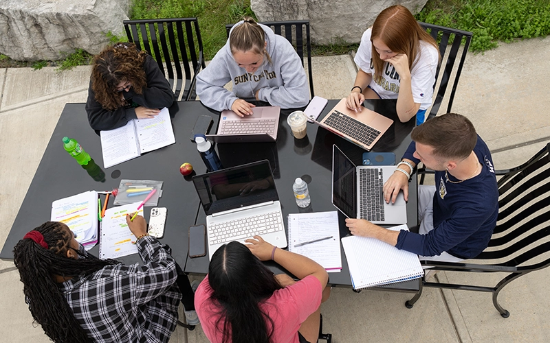 Students working on laptops outside Dana Hall.