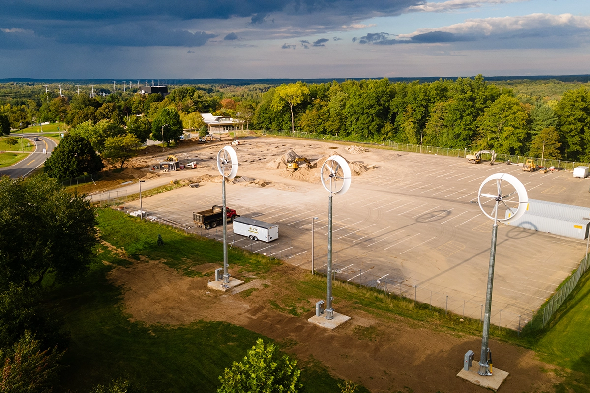 New wind turbines installed near French Hall will assist with powering the building.