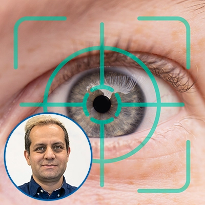 An eye with a target. Inset of Assistant Professor Medhi Ghayoumi