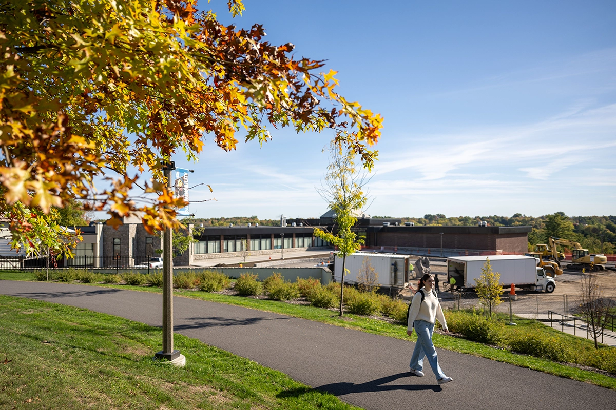 A student walks along the path overlooking the Roselle Plaza on a fall day.