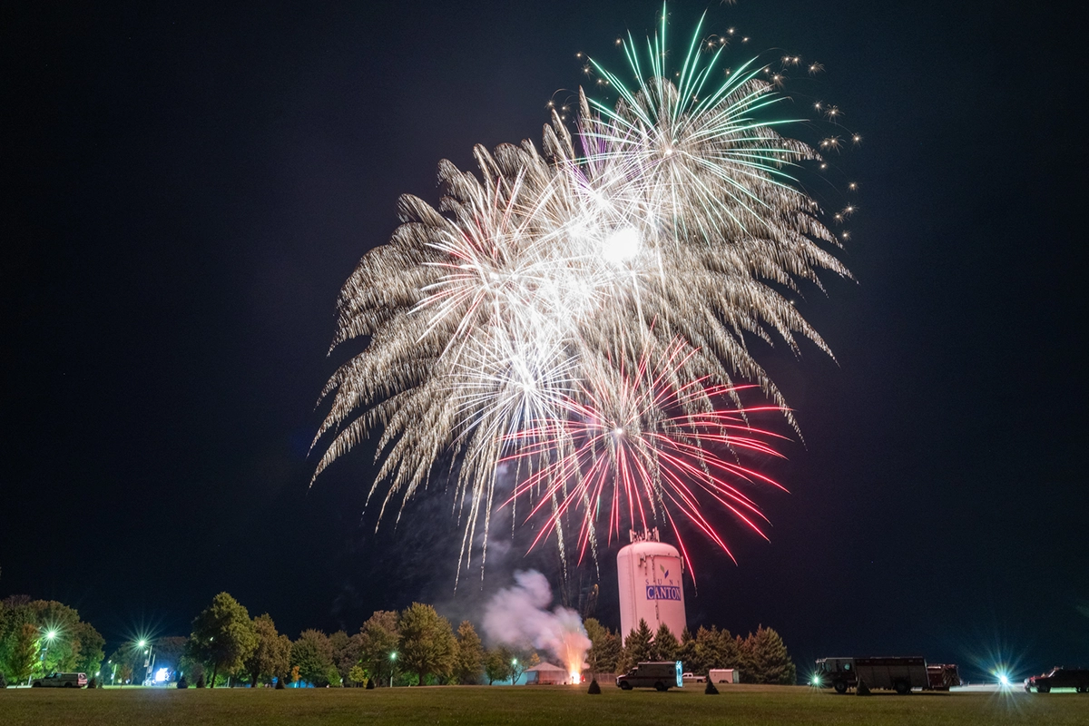 Fireworks burst over the SUNY Canton water tower to cap off Family and Friends weekend.