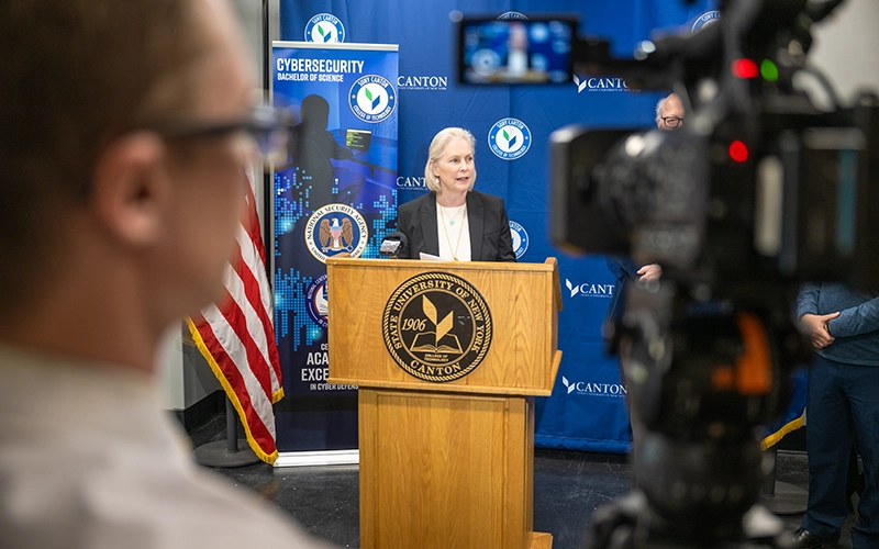 Senator Gillibrand speaks at a Cyber Defense event at SUNY Canton.
