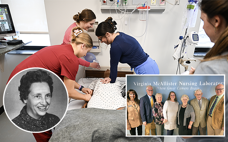 Nursing students work in the newly named Virginia McAllister Nursing Laboratory. Inset portrait of McAllister and a group photo from the naming ceremony.