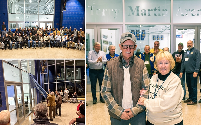 Terry and Jill Martin stand in front of the new signage. President Zvi Szafran assists Terry Martin with unveiling the new Terry Martin Arena signage.