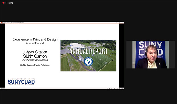 SUNYCUAD President Kerry Gotham presents SUNY Canton with the Judges' Citation for the 2019-2020 Annual Report.