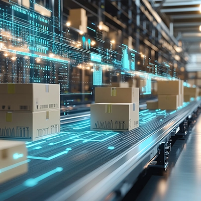 Boxes move along a conveyor belt.