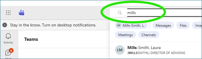 Screenshot: Type in mills to locate Laura Smith-Mills
