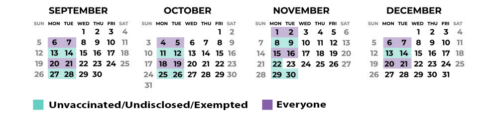 COVID-19 testing calendar: unvaccinated and undisclosed individuals test every week. Vaccinated individuals test every 1st and 3rd week.