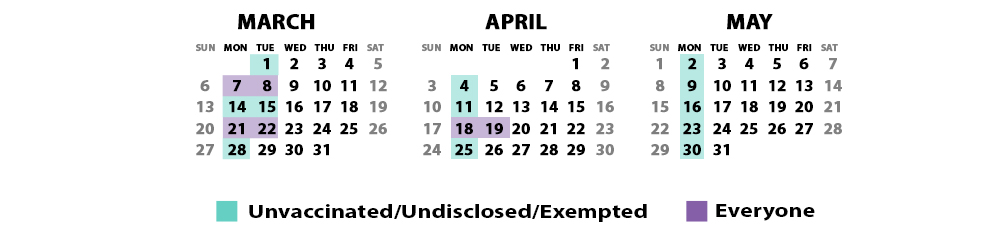 COVID-19 testing calendar: unvaccinated and undisclosed individuals test every week. Vaccinated individuals test once a month.