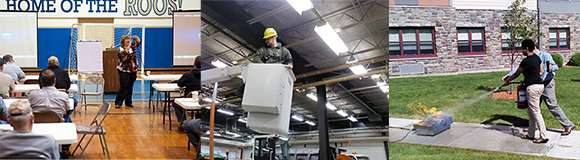 A composite of classroom, safety, and fire prevention training sessions.