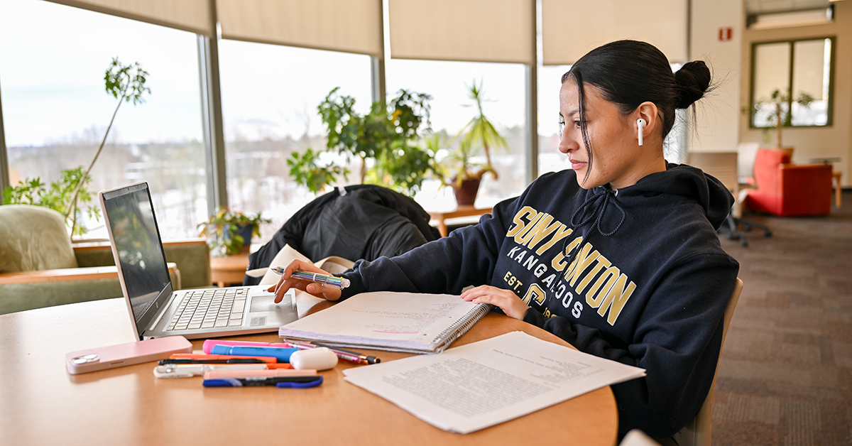 A student studies and works on a laptop in the Southworth Library.