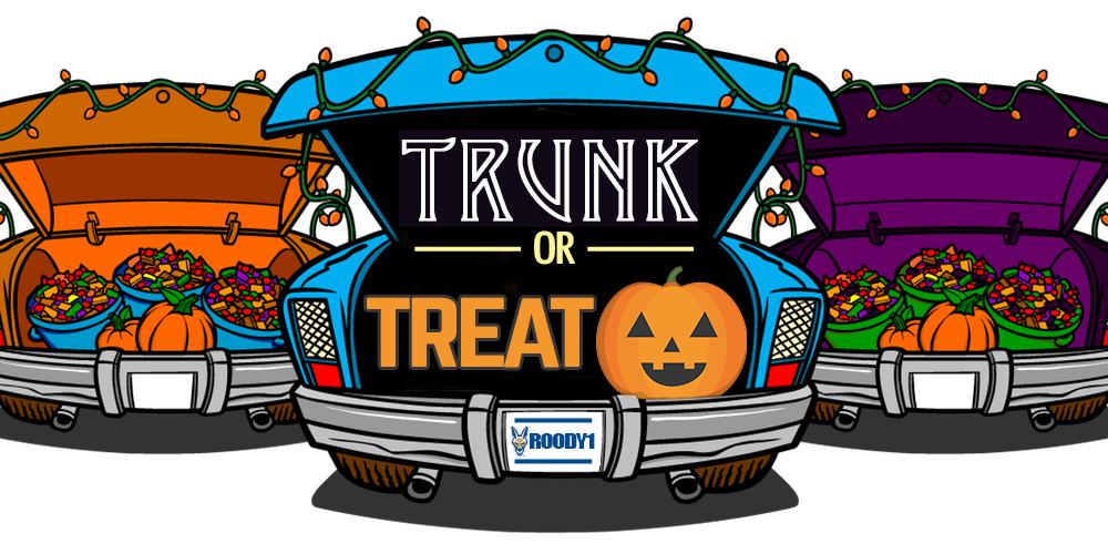 A graphic rendering of cars with the trunks open for Halloween
