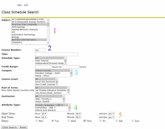 Screenshot: Class Schedule Search in Banner
