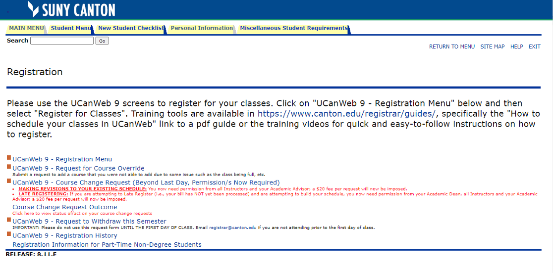 Screenshot: UCanWeb click on Course Change Request
