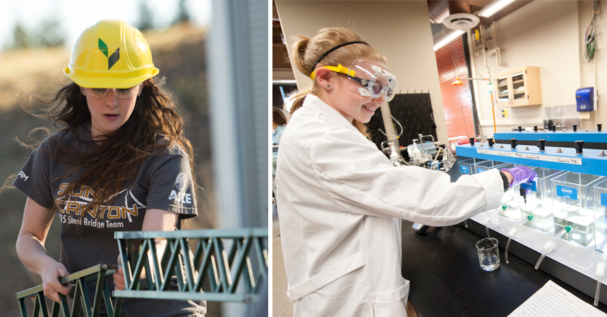 Two images: A female student builds a steel bridge, a female student samples water in the water filtration lab.